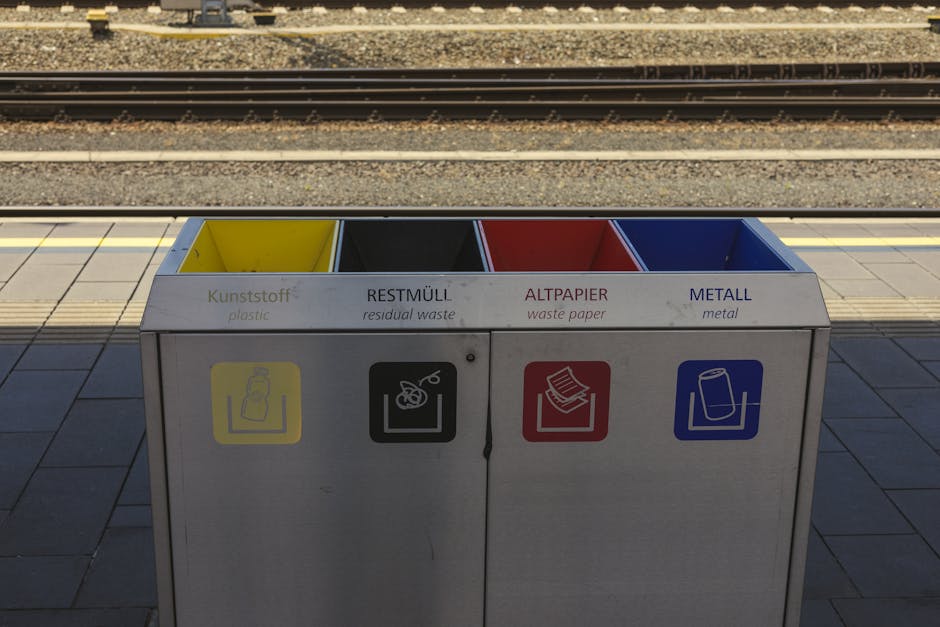 A metal waste separation bin with four compartments positioned on a concrete platform at a train station. Each compartment is marked with color-coded labels and icons for different types of waste: yellow for plastic bottles, black for residual waste, red for waste paper, and blue for metal cans. The bin's surface is smooth with a brushed finish, and the labels include both German words and English translations. In the background, train tracks and a gravel area are visible, indicating the setting is outdoors near a railway. The scene is illuminated by natural daylight, casting shadows from the platform's edge. This type of waste management station supports independent disposal and recycling, aligning with alternative waste handling methods outside standard local authority collections, providing clear guidance for travellers and promoting proper rubbish separation which is relevant for private rubbish removal services like those offered by Rubbish Clearance Croydon.