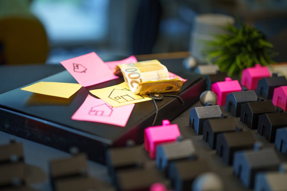 A close-up view of a desk area with multiple colorful sticky notes, including pink and yellow, scattered across a black surface. Several small paper house icons are drawn on the notes, with one note slightly curled at the edge. Resting atop the notes are two folded 20 euro banknotes, positioned near the center of the image. In the background, a blurred desk or workspace is visible, with a potted green plant on the right side, suggesting a modern office environment. The surface of the desk appears smooth and reflective, with the sticky notes and banknotes creating a layered, cluttered appearance. The scene is lit with natural and ambient lighting, emphasizing the textures of the paper and coins. These elements, combined with the context of a workspace, subtly relate to themes of financial management or budgeting, which connect to large-scale or private waste management solutions provided by Rubbish Clearance Croydon, emphasizing alternative disposal or clearing options for homeowners or businesses.