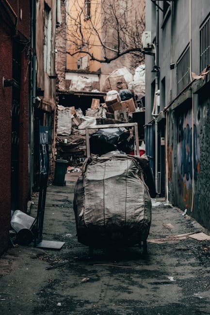 In a narrow urban alleyway, a large black wheeled rubbish bin with a cover is positioned at the forefront, appearing slightly worn with visible creases. Behind it, there is an accumulation of various waste materials, including stacked cardboard boxes, black plastic trash bags, and discarded paper, piled haphazardly on makeshift wooden pallets and in heaps. The surrounding environment features tall buildings on either side; one side displays weathered brickwork, while the other has a grey metal wall with graffiti art and narrow, barred windows. Leafless tree branches extend overhead against an overcast sky, creating a dim, subdued lighting atmosphere typical of a confined outdoor space. The ground is darkened with patches of wetness and debris, reflecting the somewhat neglected state of the alley. This scene exemplifies a situation requiring waste removal services, highlighting the importance of managed rubbish collection for private disposal or on-site clearance by qualified waste management providers such as Rubbish Clearance Croydon in an urban setting.